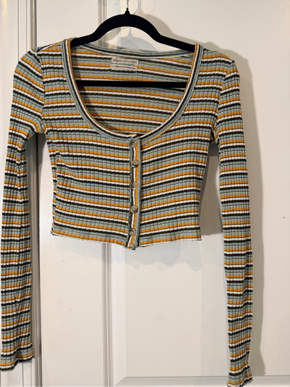 Urban Outfitters Striped Ribbed Long-Sleeve Crop Top — Mustard, Green, White